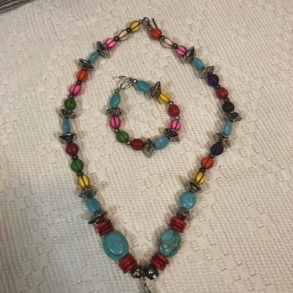 Artisan Art Deco Boho Beaded Turquoise Cross Necklace & Bracelet - Picture 9 of 12